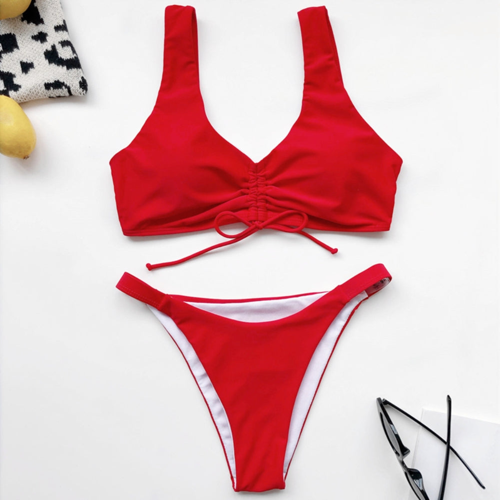 Solid Color Two Piece Strings Swimwear Areous