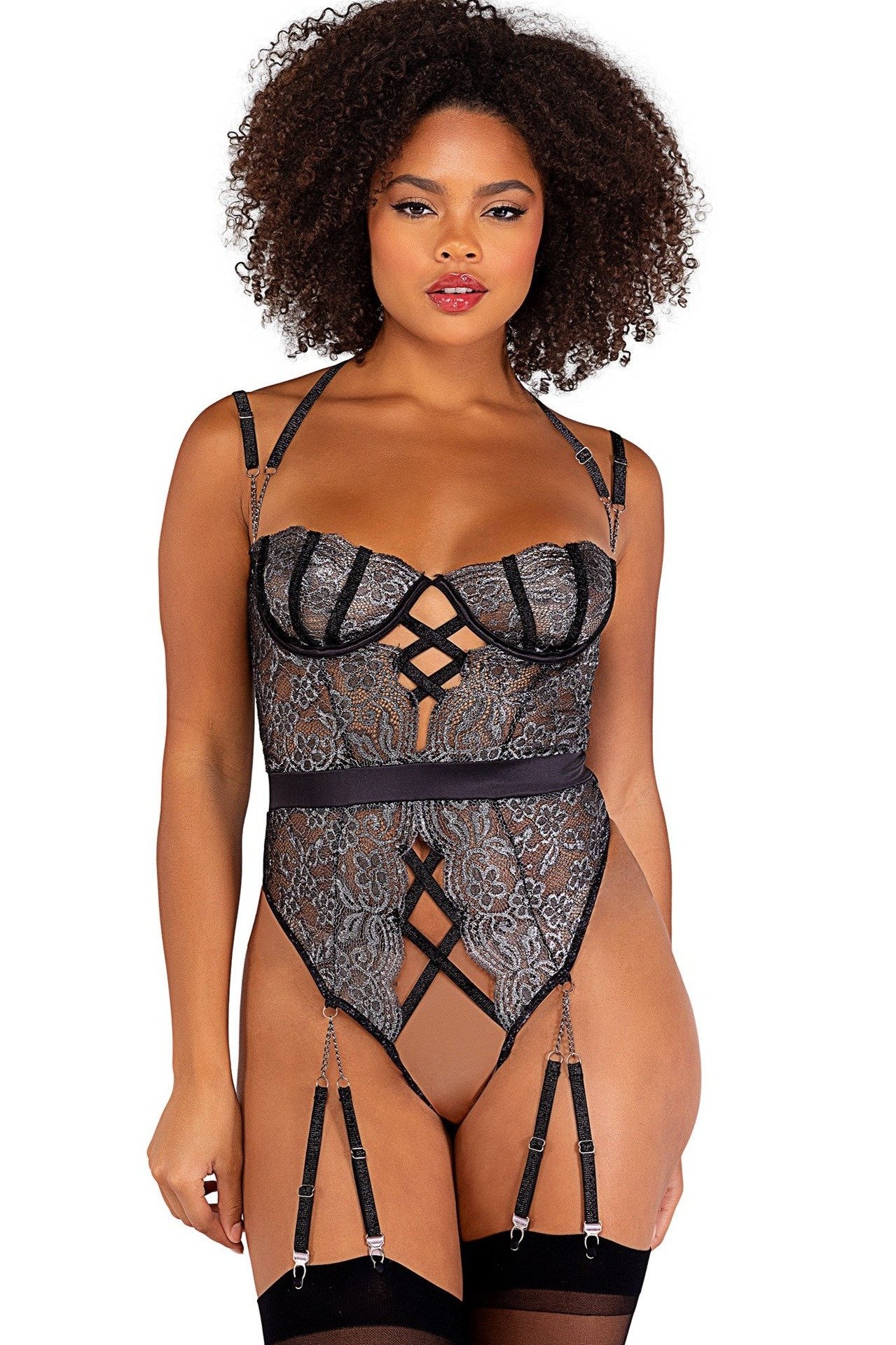 Sparkle Gartered Crotchless Teddy with Chain Detail and Underwire Support Areous