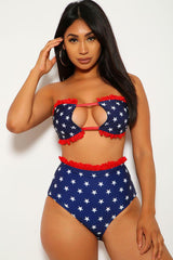 Star Print Red Lace Bandeau Two Piece Swimsuit Areous