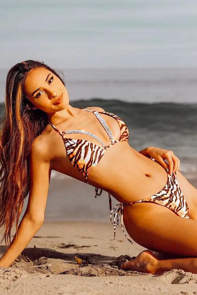 Tiger Print Rhinestone Accent Two Piece Swimsuit Areous