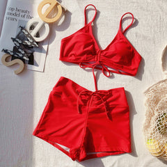 Two Piece Red Strings High Waist Strap Swimwear Areous