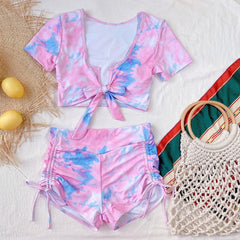 Two Piece Tie Dye Short Sleeve Strings High Waist Swimwear Areous