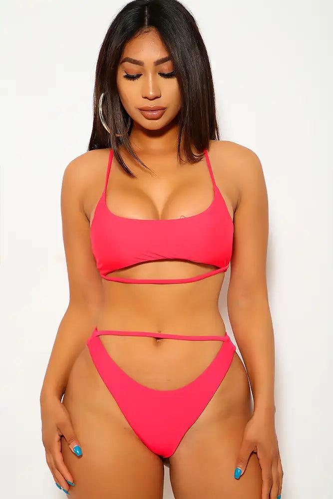 Watermelon Two Piece Cut Out Strappy Swimsuit Areous