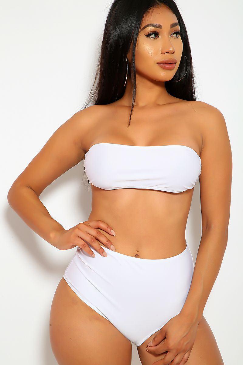 White Bandeau High Waisted 2 Pc Swimsuit Areous