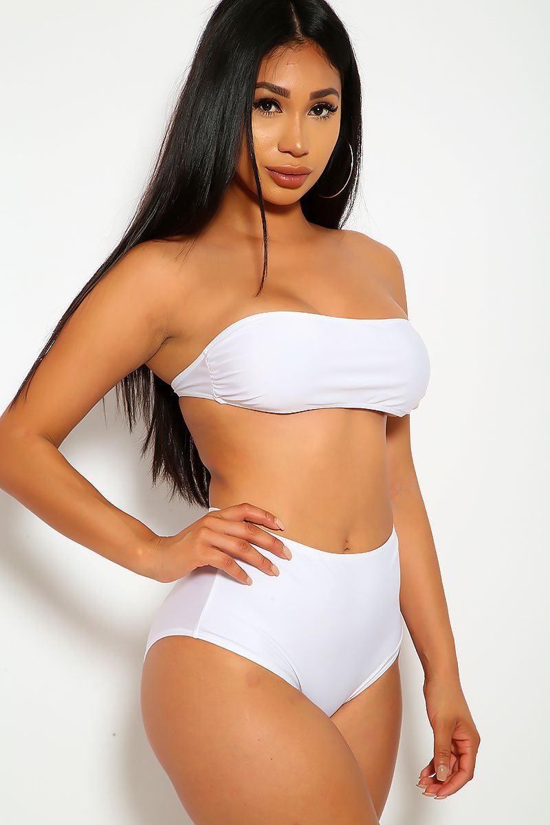 White Bandeau High Waisted 2 Pc Swimsuit Areous