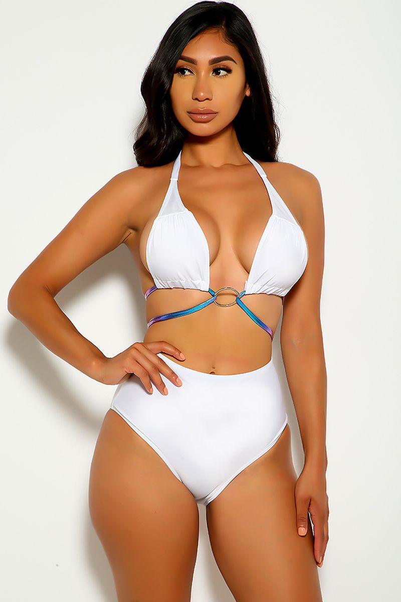 White Blue Purple O-ring Two Piece Swimsuit Areous