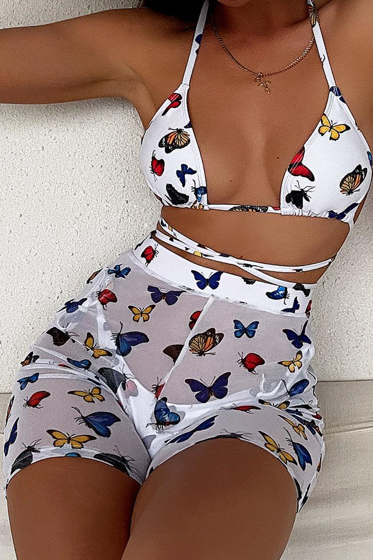 White Butterfly Print Strappy Three Piece Swimsuit Areous