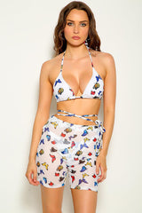 White Butterfly Print Strappy Three Piece Swimsuit Areous