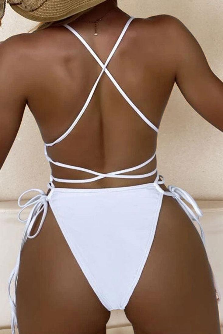 White Deep V-Cut One Piece Swimsuit Areous