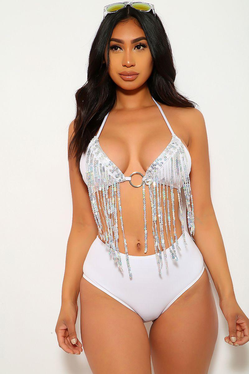 White Fringe Sequins Two Piece Swimsuit Areous