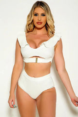 White Ribbed Ruffled High Polish Detail High Waist Two Piece Swimsuit Areous