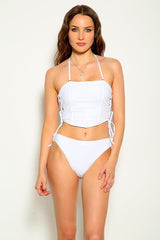 White Ruched Lace Up Two Piece Swimsuit Areous