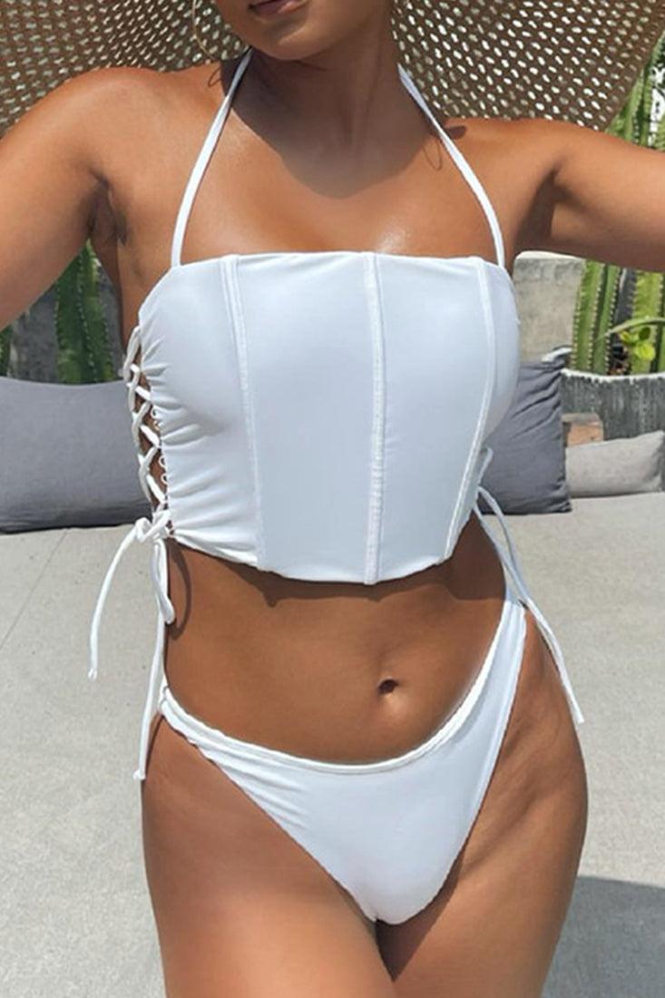 White Ruched Lace Up Two Piece Swimsuit Areous