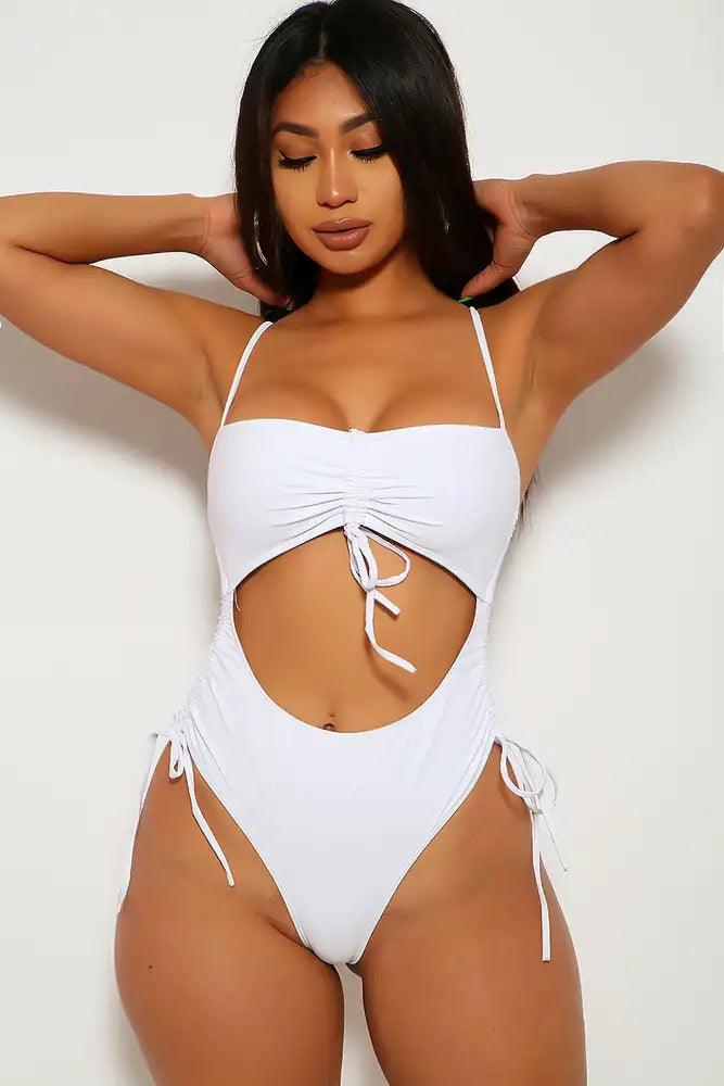 White Ruched One Piece Swimsuit Areous