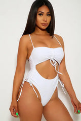 White Ruched One Piece Swimsuit Areous