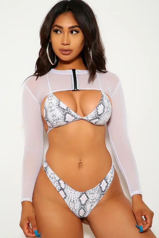 White Snake Print Mesh Three Piece Swimsuit Set Areous