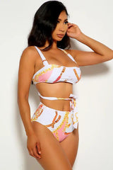 White Strappy Graphic Print Two Piece Swimsuit Areous