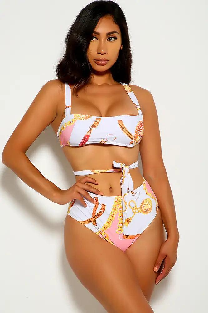 White Strappy Graphic Print Two Piece Swimsuit Areous