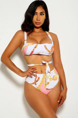 White Strappy Graphic Print Two Piece Swimsuit Areous