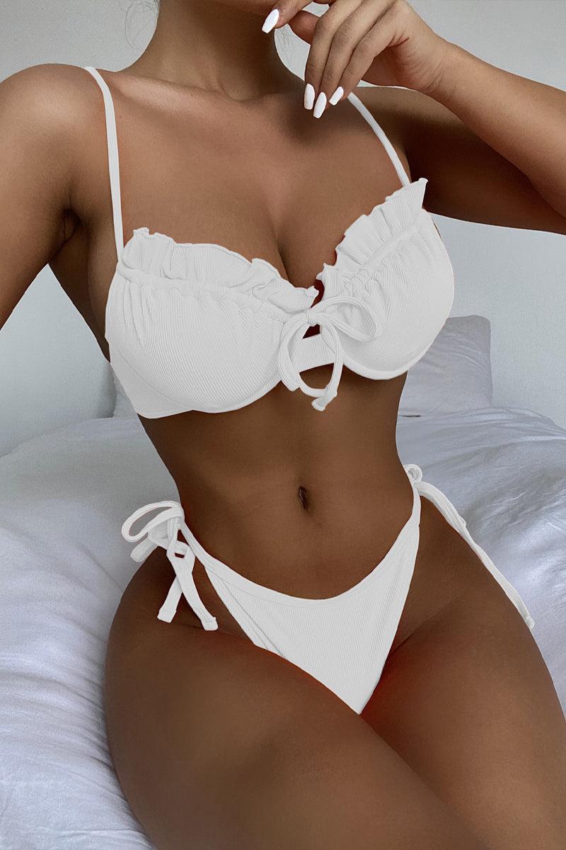 White U Underwire Ruffled Two Piece Swimsuit Areous