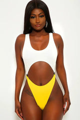 White Yellow Ribbed O-Ring Detail One Piece Swimsuit Areous