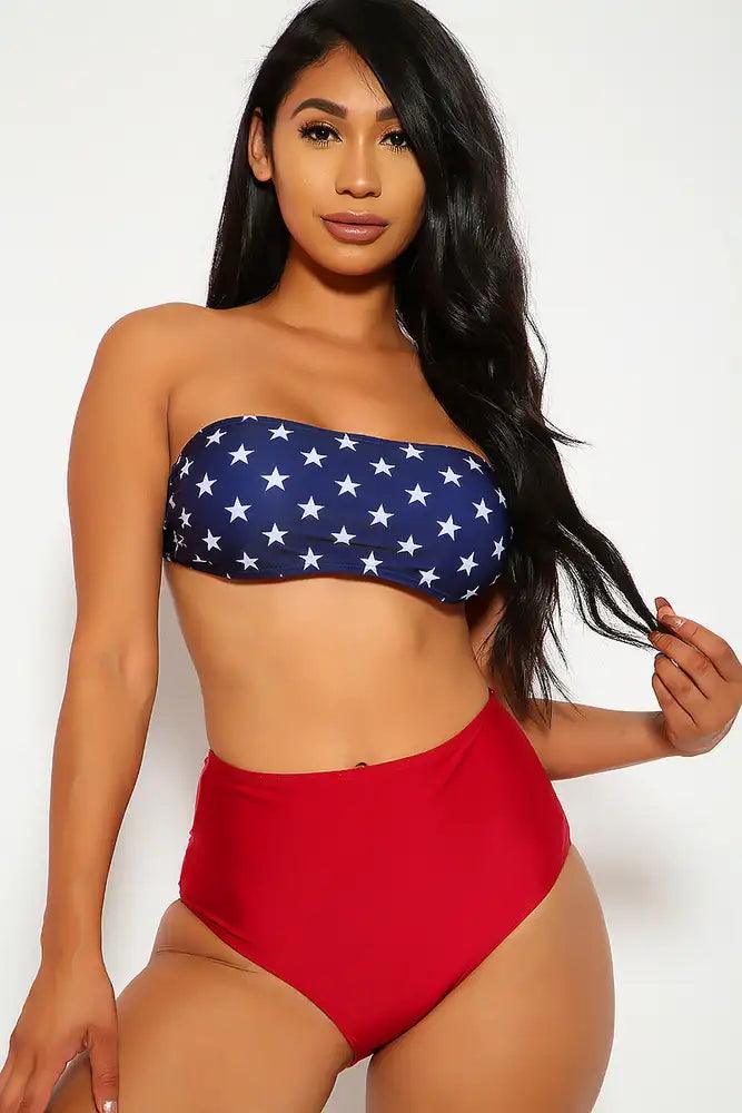 Wine Stars Bandeau High Waisted Two Piece Swimsuit Areous