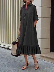 A-Line Long Sleeves Pleated Solid Color Lapel Collar Midi Dresses