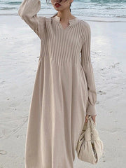 Causal Loose Solid Color Pleated V-Neck Long Puff Sleeves Sweater Dress