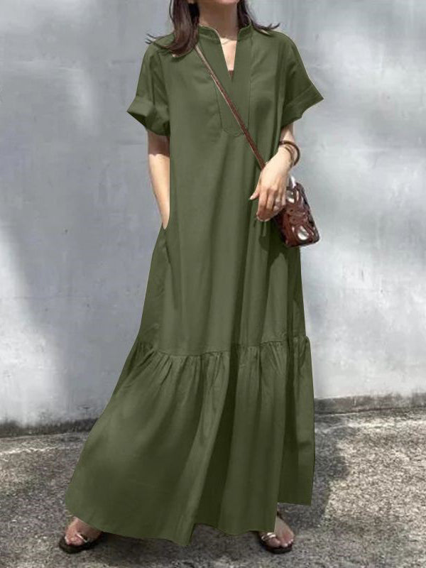 A-Line Loose Solid Color Split-Joint V-Neck Maxi Dresses