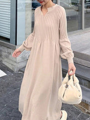 Causal Loose Solid Color Pleated V-Neck Long Puff Sleeves Sweater Dress