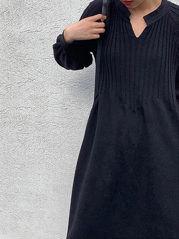 Causal Loose Solid Color Pleated V-Neck Long Puff Sleeves Sweater Dress