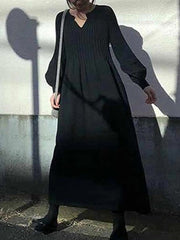 Causal Loose Solid Color Pleated V-Neck Long Puff Sleeves Sweater Dress