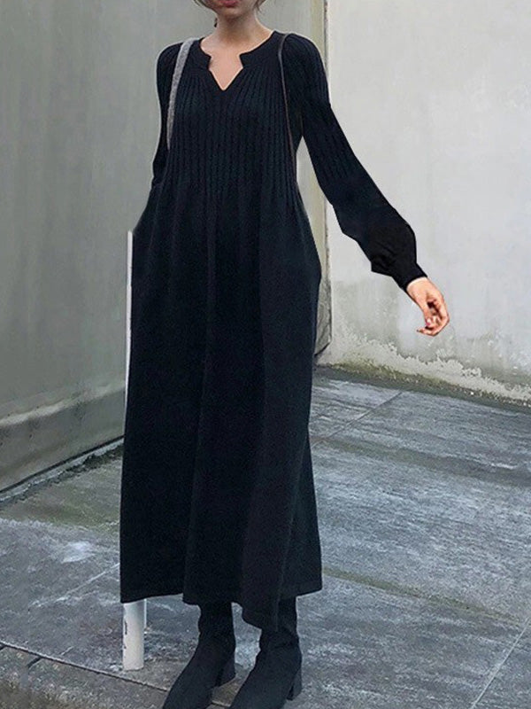 Causal Loose Solid Color Pleated V-Neck Long Puff Sleeves Sweater Dress