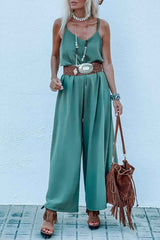 Green Solid Color Spaghetti Straps Wide Leg Jumpsuit