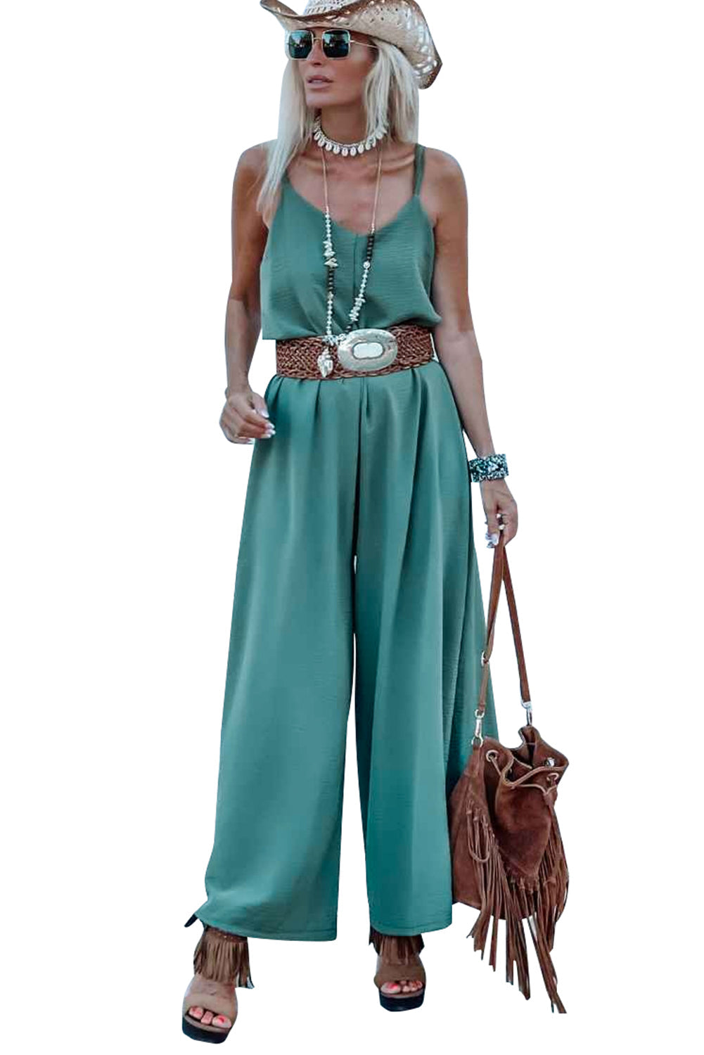 Green Solid Color Spaghetti Straps Wide Leg Jumpsuit