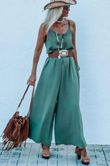 Green Solid Color Spaghetti Straps Wide Leg Jumpsuit