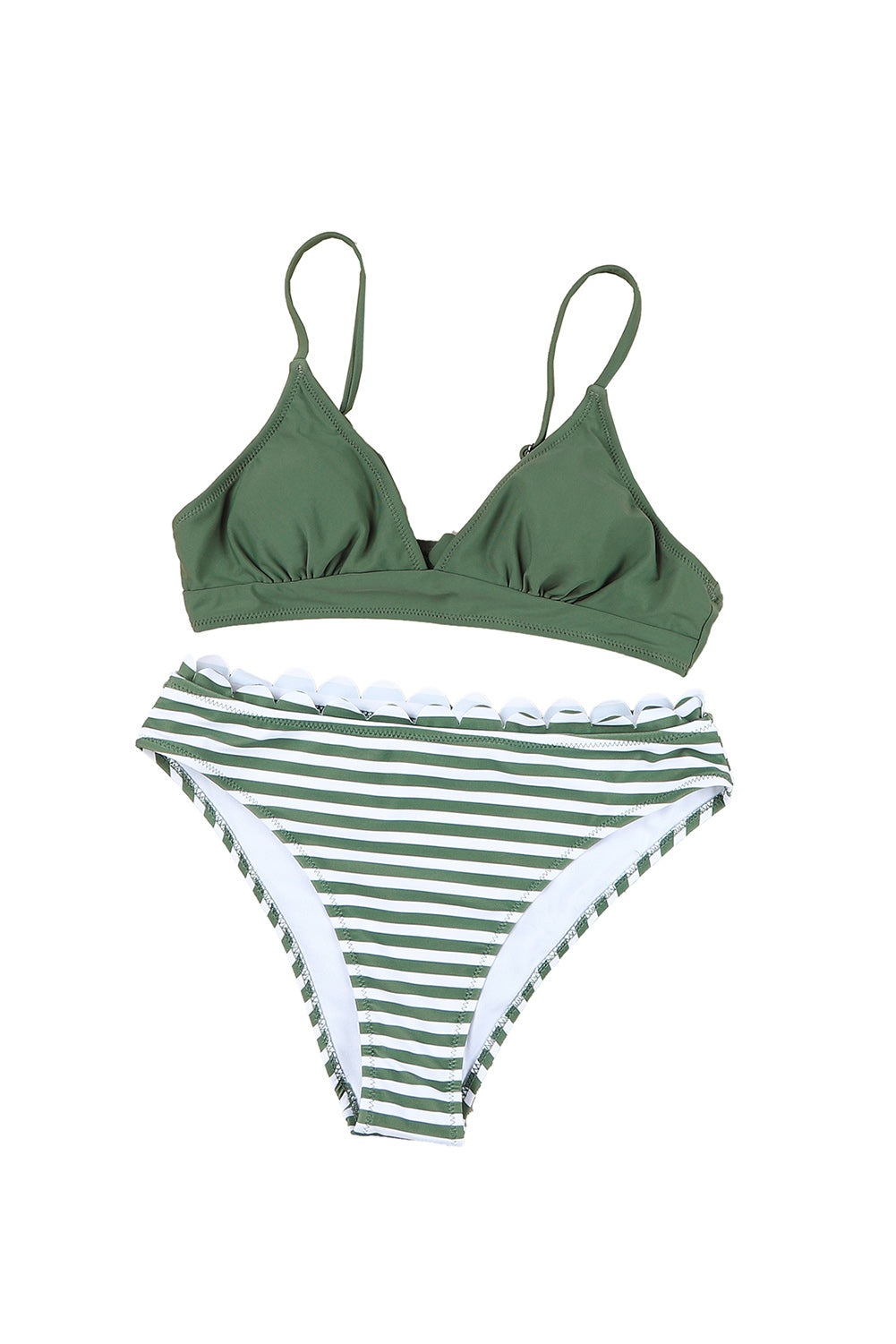 Green Striped High Waist Ruffle Bikini Set