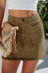 High Waist Pocketed Frayed Hem Mini Denim Skirt