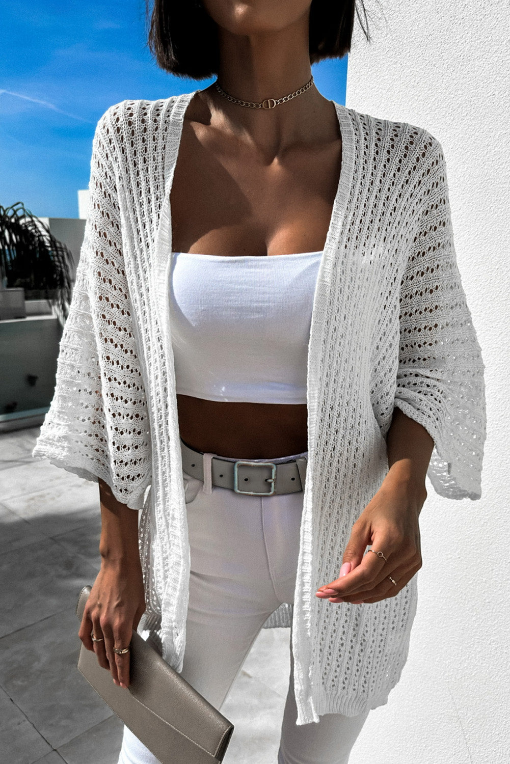 Hollow-out Knit Kimono Lightweight Cardigan