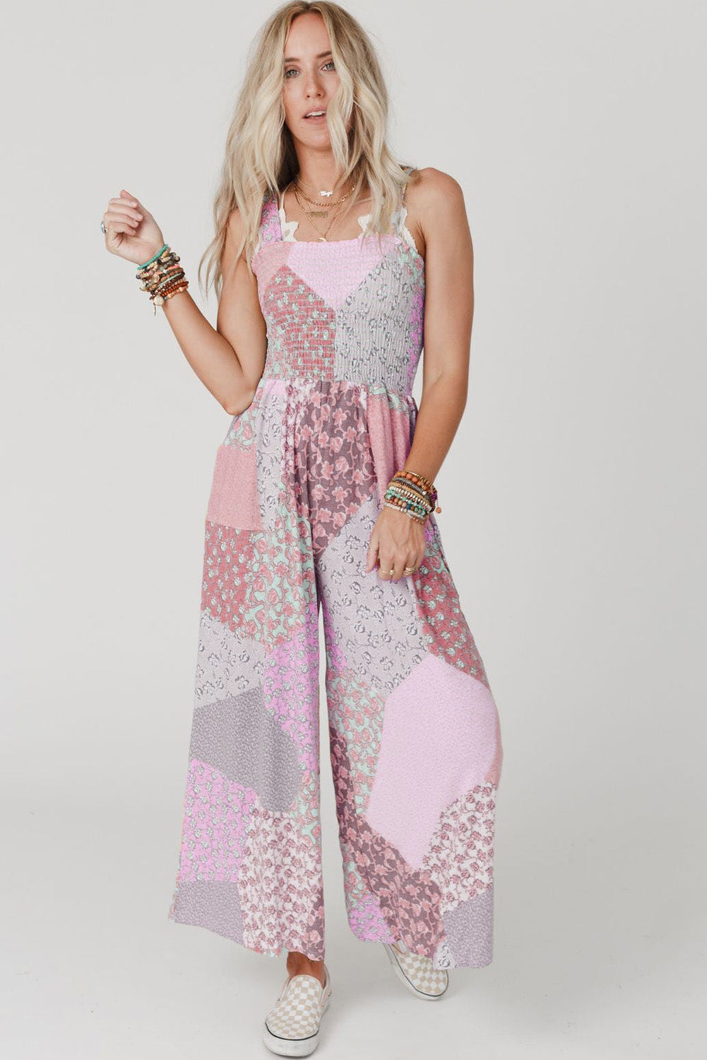 Irregular Patchwork Print Smocked Wide Leg Jumpsuit