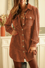 Khaki Corduroy Buttoned 	Long Sleeve Shirt Dress