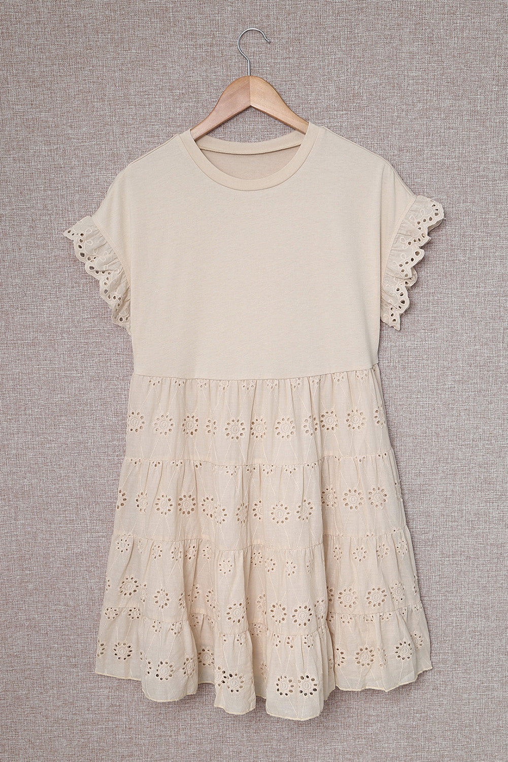 Khaki Eyelet Pattern Tiered Short Dress