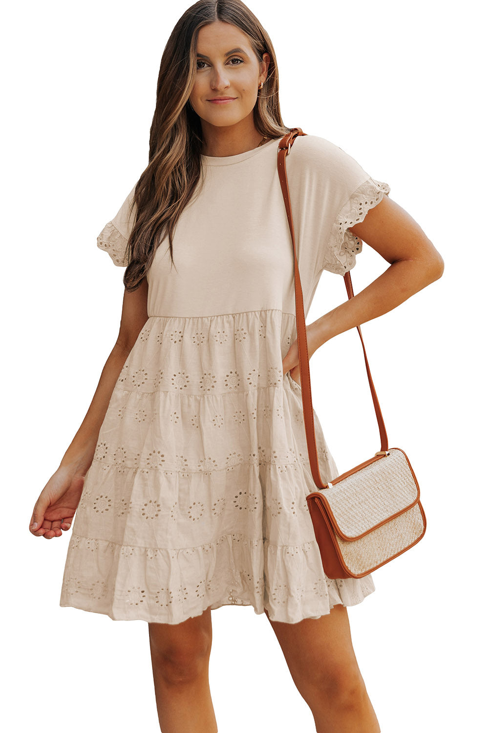 Khaki Eyelet Pattern Tiered Short Dress