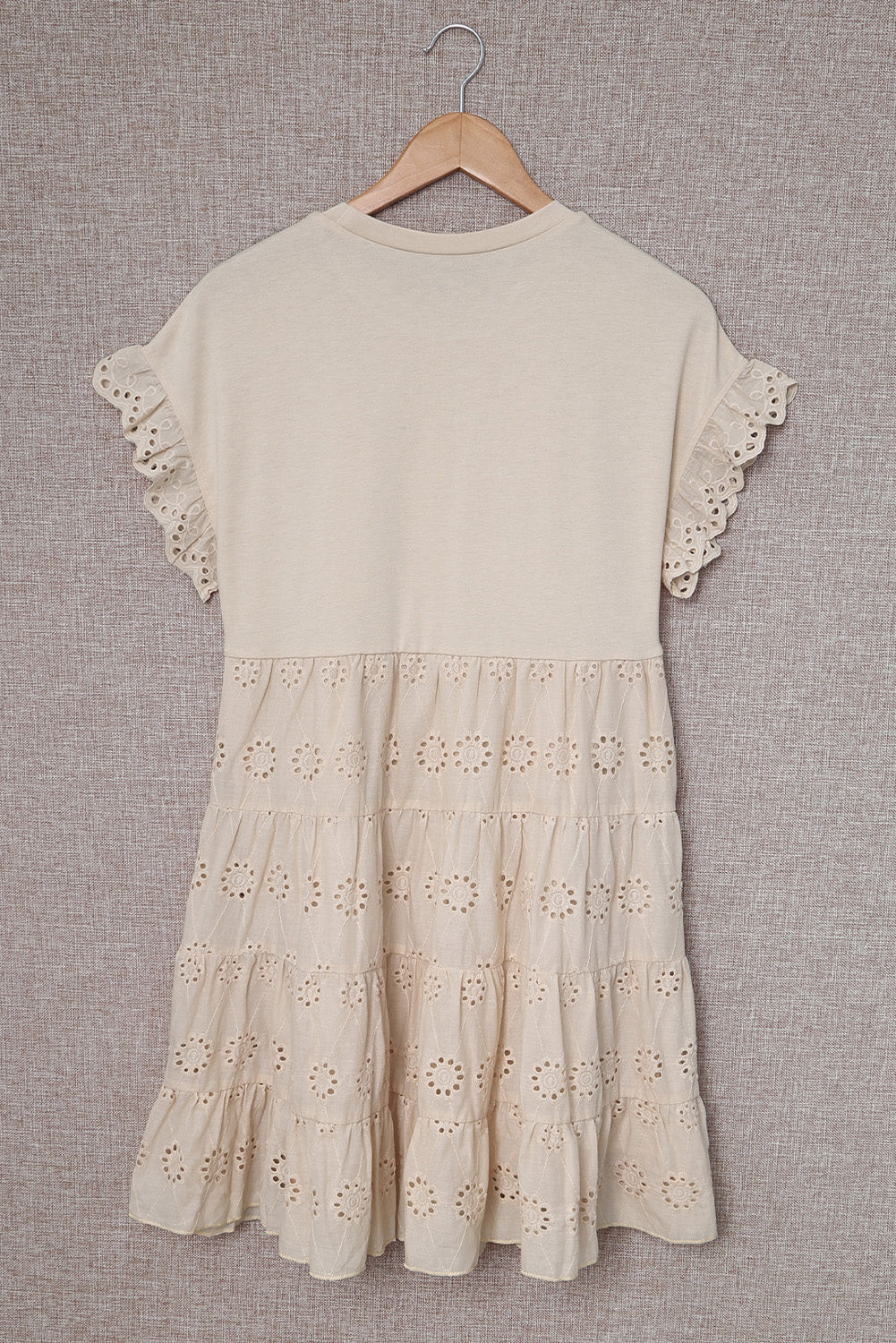 Khaki Eyelet Pattern Tiered Short Dress