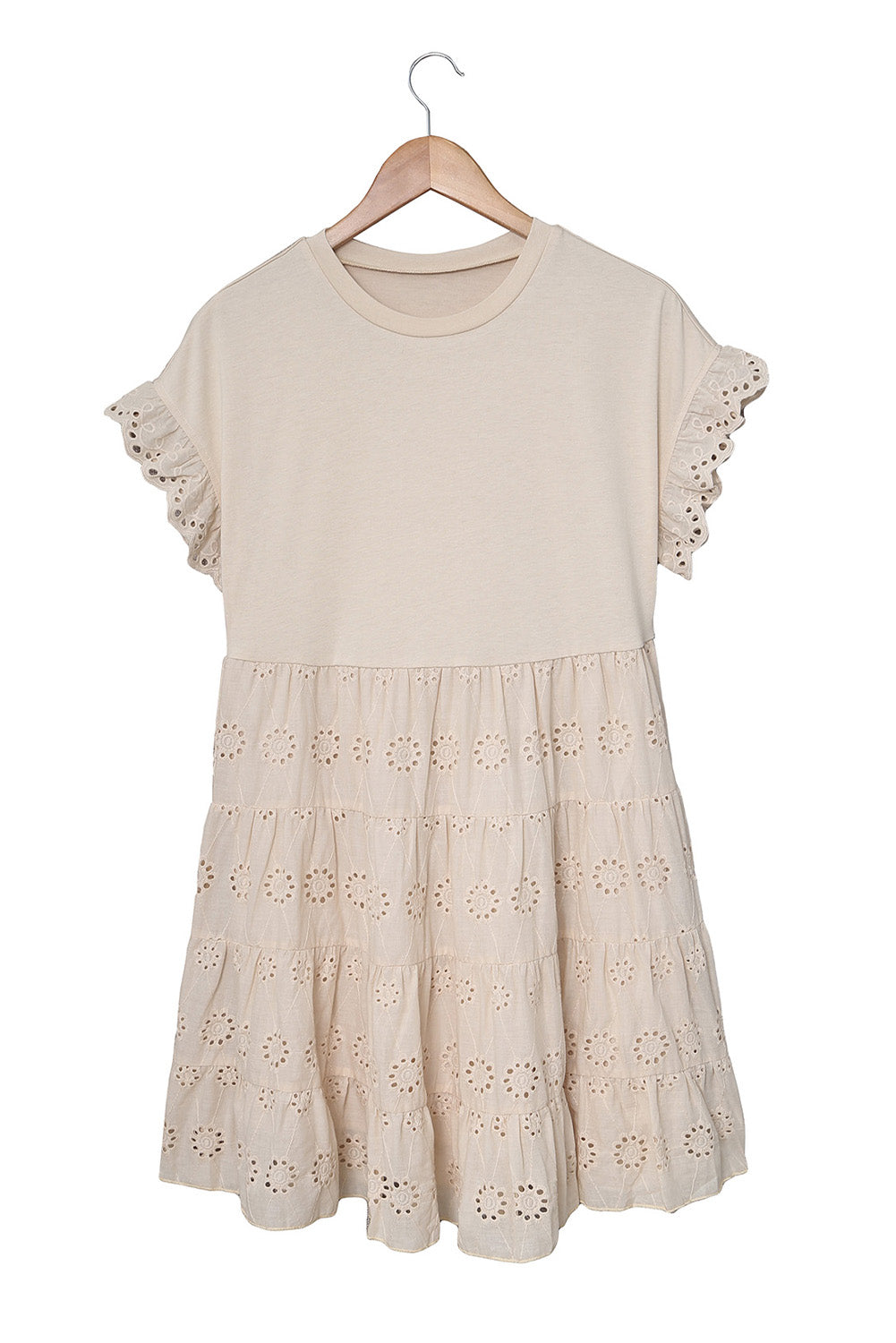 Khaki Eyelet Pattern Tiered Short Dress