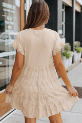 Khaki Eyelet Pattern Tiered Short Dress