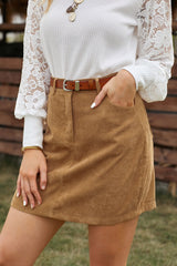 Khaki High Waist Corduroy Mini Skirt With Pockets