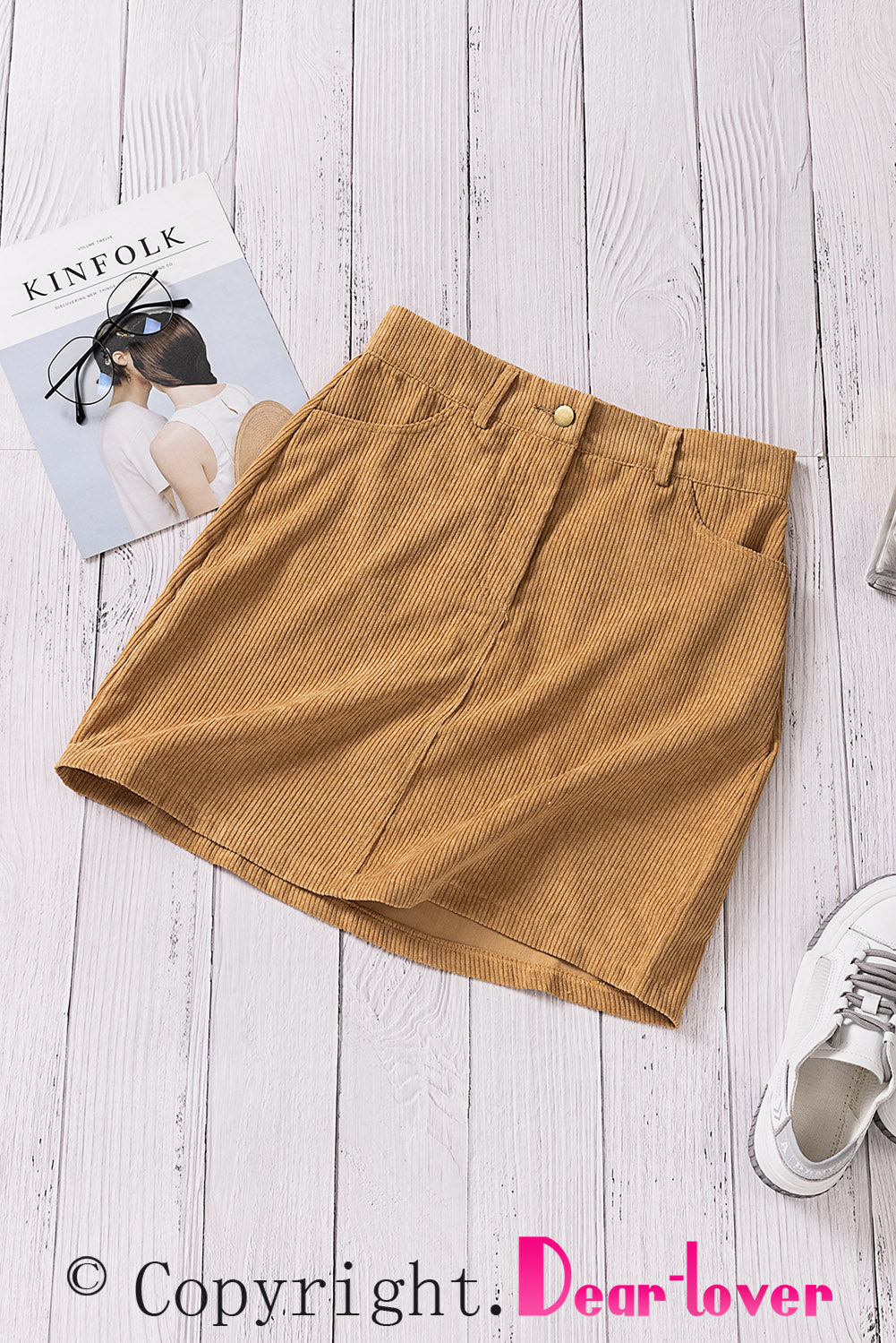 Khaki High Waist Corduroy Mini Skirt With Pockets