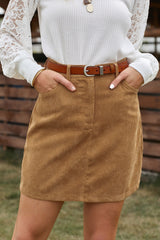 Khaki High Waist Corduroy Mini Skirt With Pockets