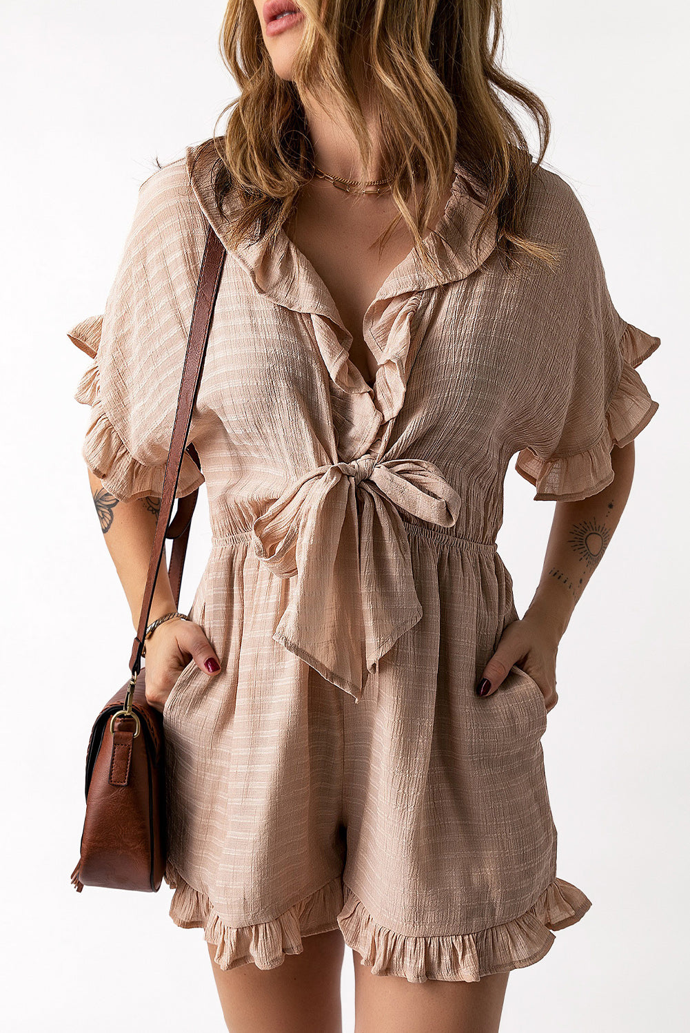 Khaki Ruffled High Waist Short Sleeve V Neck Romper